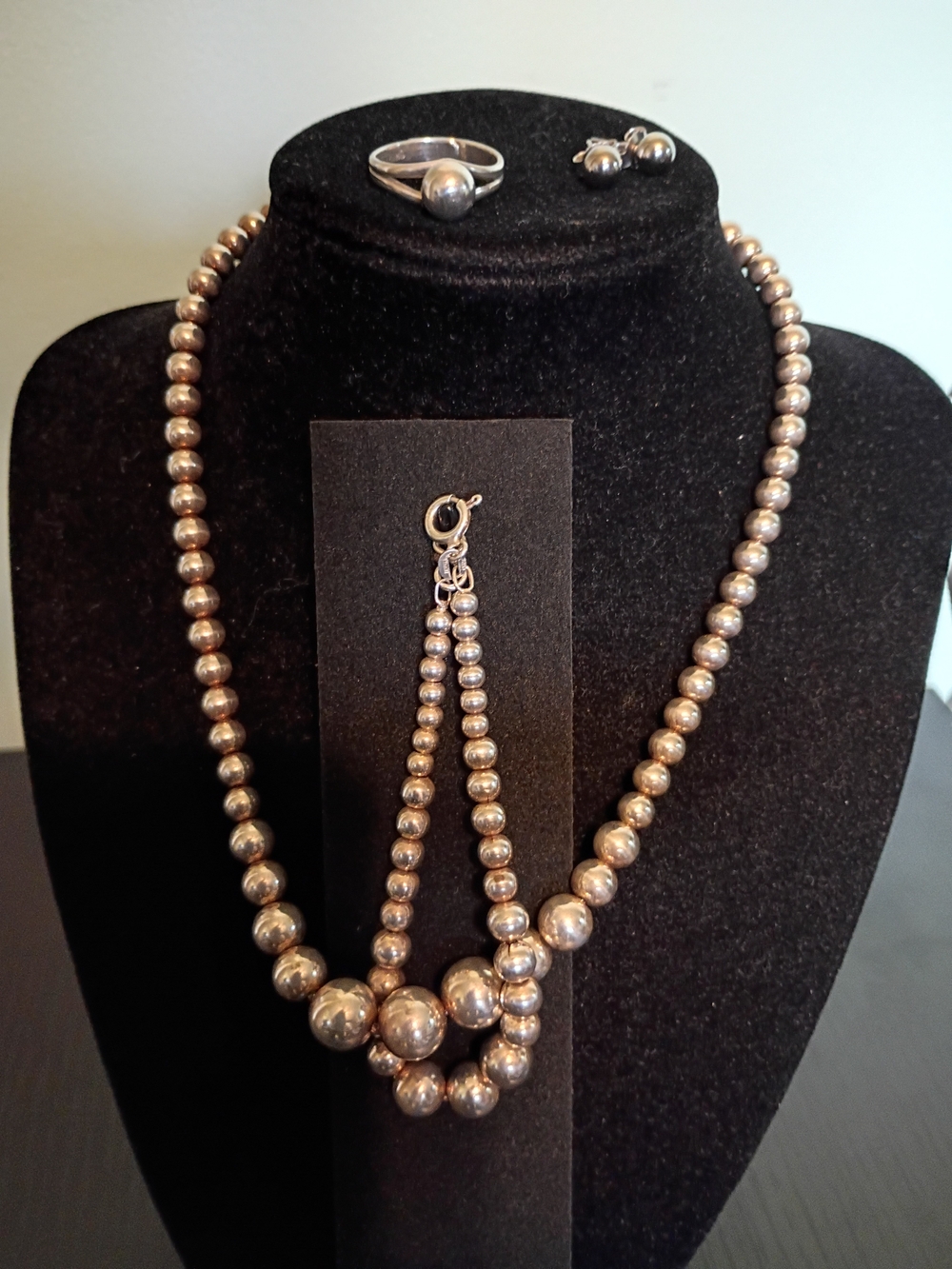 Vtg Rare 925 Graduated Ball Parure Necklace Bracelet Earrings Ring ExcCond MustC